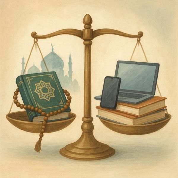 A symbolic balance scale showing the Quran and prayer beads on one side and a laptop with books on the other, representing harmony between tradition and modern learning through fiqh online classes.