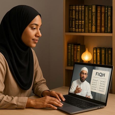 A Muslim woman attending fiqh online classes on her laptop, learning Islamic jurisprudence from a teacher, with bookshelves in the background.